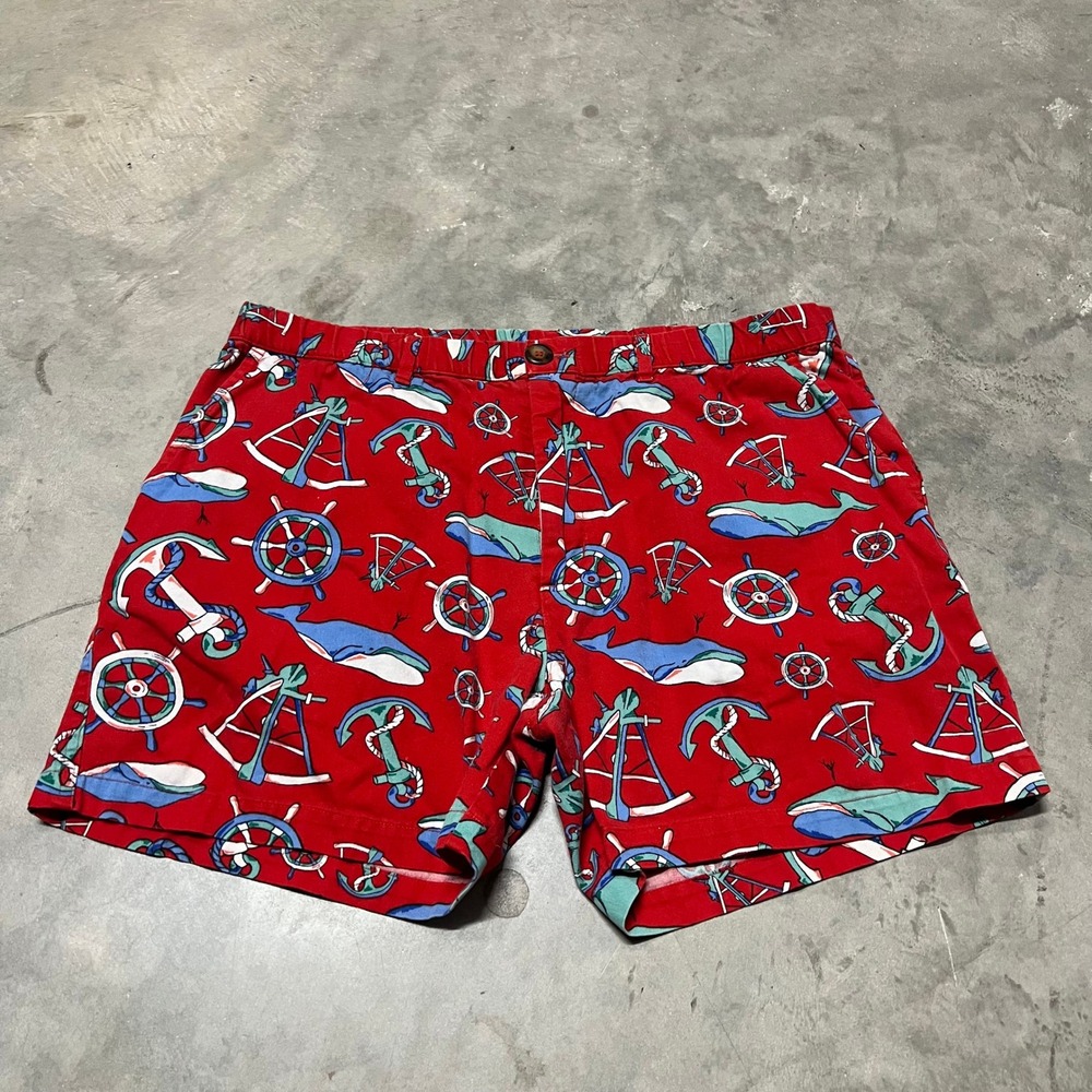 Chubbies Mens Red Nautical Whale Anchor Print Cotton Shorts Size Large USA Made